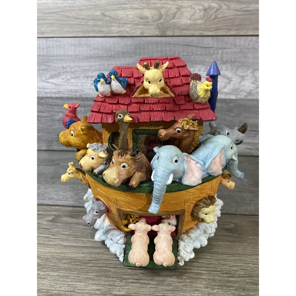 Vintage Noahs Ark Resin Figurine Multicolor Animal Boat Religious Decor 7 Inch